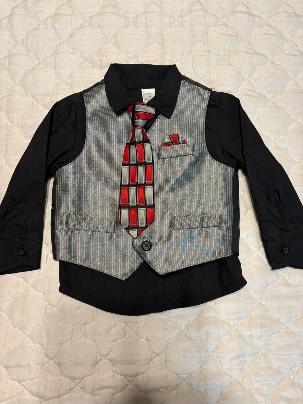 George Boys' Silver Pinstripe Vest with Black Shirt and Red Tie